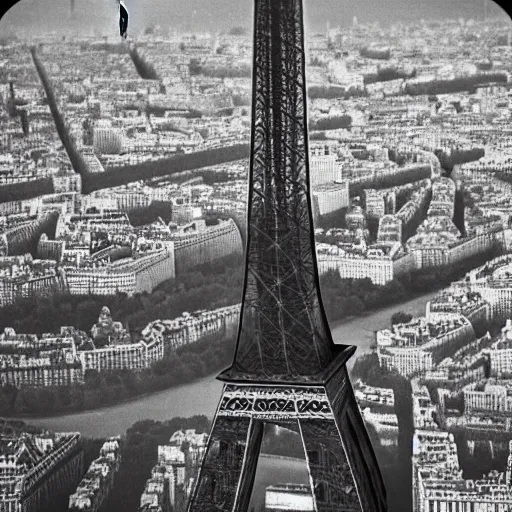 Image similar to extensive smoke rising from the top of the eiffel tower, aerial view, several police cars and crowds running across the ground, polaroid, 6 0's, hyperrealism, no blur, 4 k resolution, ultra detailed