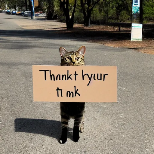 Prompt: a tabby cat holding a sign that says