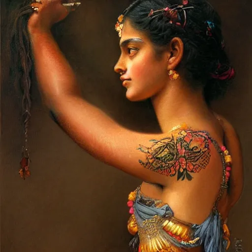 Prompt: detailed potrait 8 0 s srilankan girl with tatoos all over body in baroque style, girl graceful,, painting by gaston bussiere, craig mullins, j. c. leyendecker, lights, art by ernst haeckel, john william godward, hammershøi,,