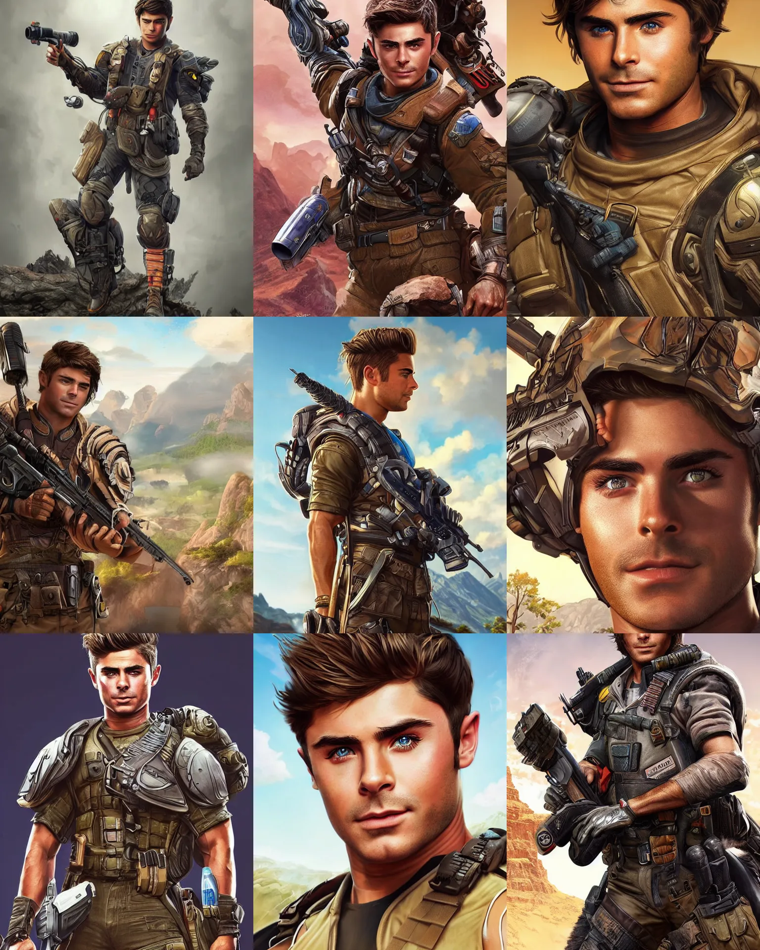 Prompt: Zac Efron as an Apex Legends character digital illustration portrait design by, Mark Brooks and Brad Kunkle detailed, gorgeous lighting, wide angle action dynamic portrait