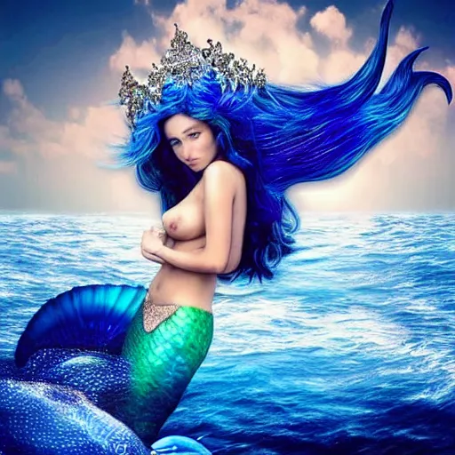 Image similar to an extremely realistic photoart of a fantastic realistic mermaid with an ultra perfect and ultra detailed wild face with beautiful, ultra detailed wild blue eyes a fantastic crown of diamons and a galaxy realistic tail, swimming in a beautiful blue ocean