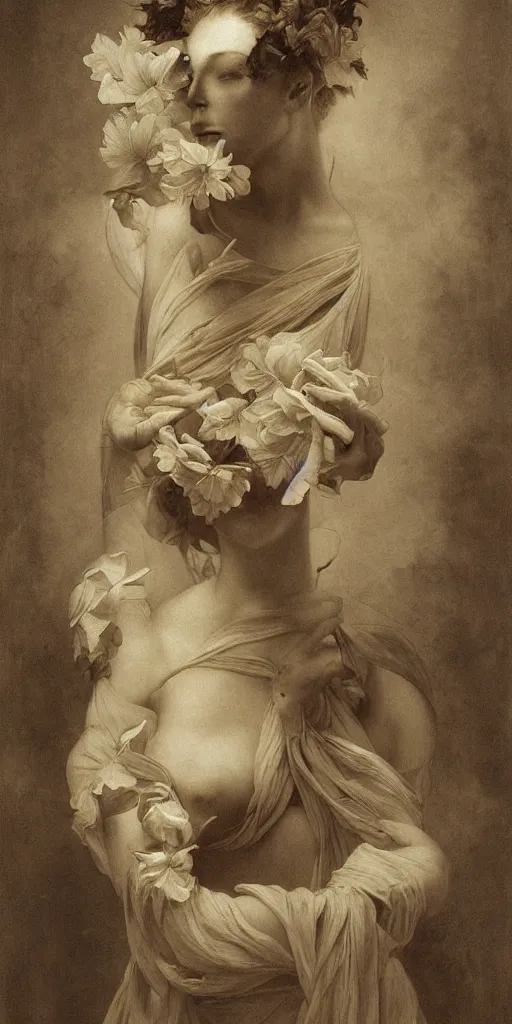 Image similar to highly detailed beautiful photography of flower, sharp focus, high contrast, dynamic lighting, elegant woman, harmony, beauty, masterpiece, by durero, by moebius, nicola samori, alphonse mucha