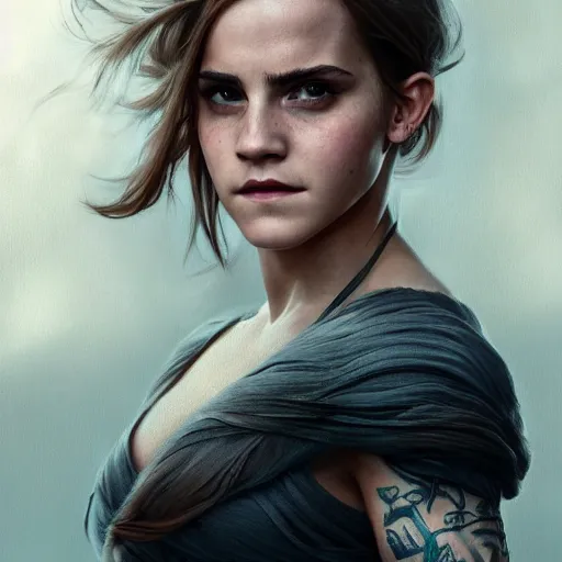 Image similar to portrait painting of a muscular emma watson, tattooed, ultra realistic, concept art, intricate details, eerie, highly detailed, photorealistic, octane render, 8 k, unreal engine. art by artgerm and greg rutkowski and alphonse mucha