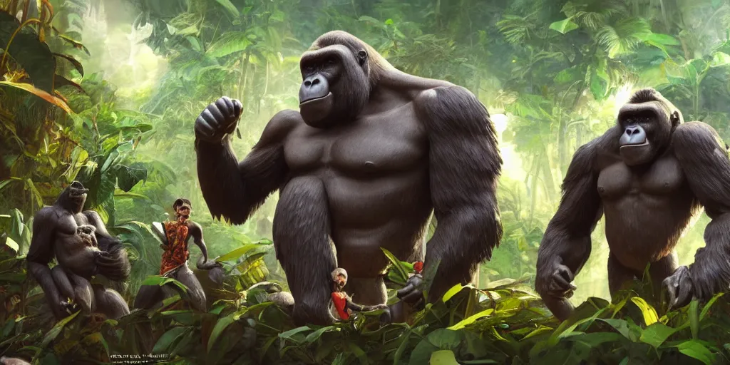 Prompt: explorers finding a big gorilla statue in the jungle, concept art, art station, cg society, game concept, mike azevedo style