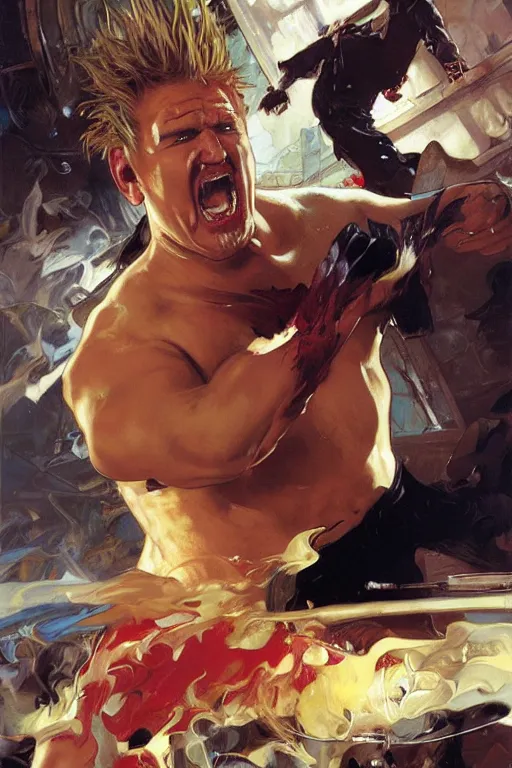 Image similar to guy fieri enraged, fighting gordon ramsay, punching, motion lines, action lines, painting by'phil hale '!!! gaston bussiere, craig mullins, greg rutkowski, alphonse mucha,