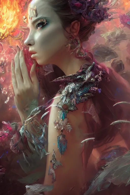 Image similar to face closeup covered with ice of extremely beautiful girl necromancer, magical fairy flowers and ice velvet, diamonds, angels, 3 d render, hyper - realistic detailed portrait, holding fire and electricity rainbow, ruan jia, wlop. scifi, fantasy, magic the gathering, hyper detailed, octane render, concept art, peter mohrbacher