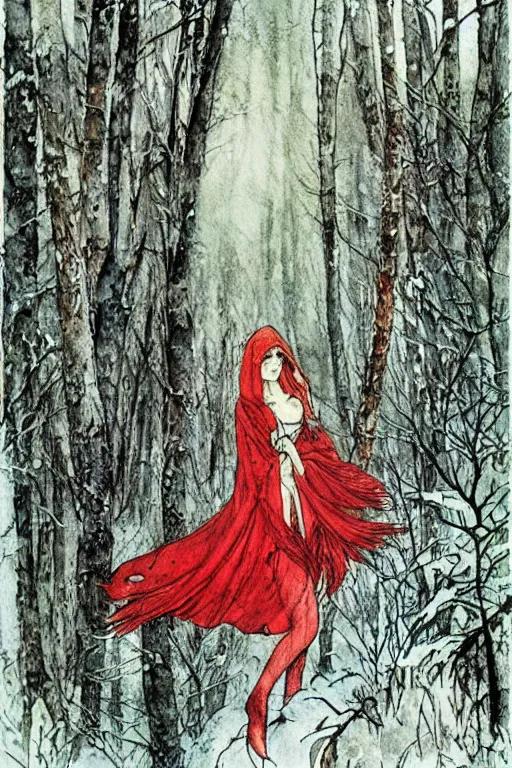 Prompt: red riding hood lost in a winter forest, art by luis royo and walter crane and kay nielsen, watercolor illustration,