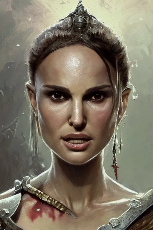 Prompt: natalie portman, legendary warrior, heroic fighter, dungeons & dragons, tattoos, decorative ornaments, battle armor, by carl spitzweg, ismail inceoglu, vdragan bibin, hans thoma, greg rutkowski, alexandros pyromallis, perfect face, detailed, sharply focused, centered, rule of thirds, realistic shading