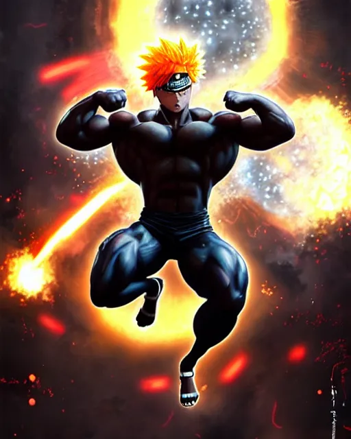 Image similar to gigachad naruto bodybuilder jumping in front of a atomic blast fighting wearing a suit in the fight club city, fantasy character portrait, ultra realistic, anime key visual, full body concept art, intricate details, highly detailed by greg rutkowski, ilya kuvshinov, gaston bussiere, craig mullins, simon bisley