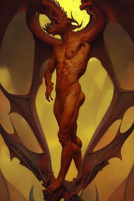 Image similar to full figure beautiful young fit antrophomorphic male dragon, frontal view, no wings, luminous scene, by greg rutkowski and alphonse mucha, d & d character, gradient yellow to red, in hell, highly detailed portrait, digital painting, artstation, concept art, smooth, sharp focus illustration, artstation hq