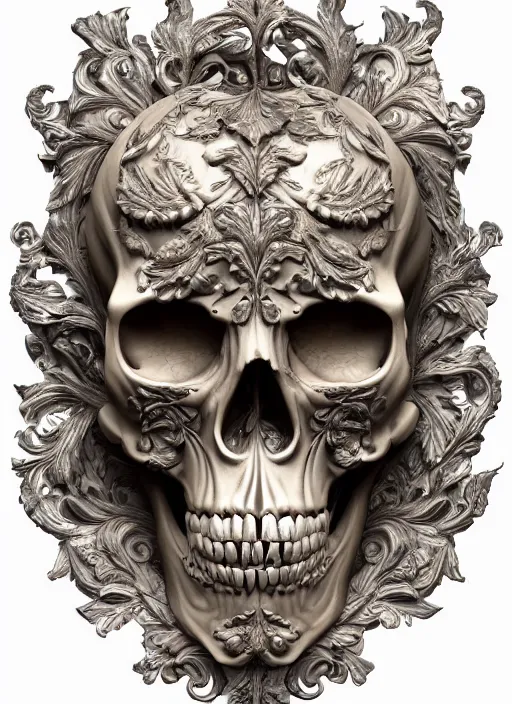 Image similar to hyper realistic photography of intricate baroque skull ornament relief leaves, cinematic, symmetric detailed, artstation, cgsociety