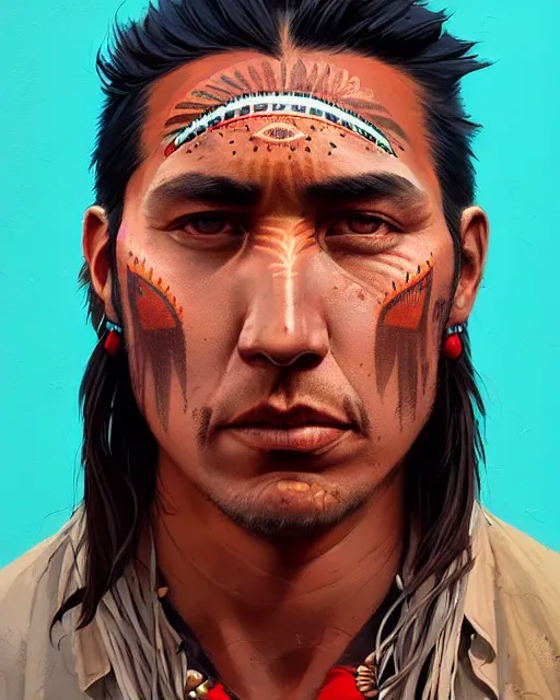 Prompt: hyper realistic portrait of handsome native american man in the city, rugged, male, detailed face, by atey ghailan, by greg rutkowski, by greg tocchini, by james gilleard, by joe fenton, by kaethe butcher, dynamic lighting, gradient light blue, turquoise, red and gold color scheme, grunge aesthetic