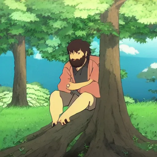 Prompt: gabriel boric sitting at a tree made by studio ghibli, detail, high quality, detailed, beautiful scene, smooth, relaxing