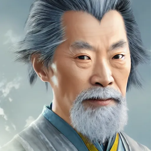 Image similar to portrait painting of a 6 0 year old kind handsome taoist priest ， looks like jie lott ， silver ponytail hair, amiable by yangjun chen ，, nadar, bright colors, octopath traveler, unreal engine 5 highly rendered, global illumination, radiant light, detailed and intricate environment