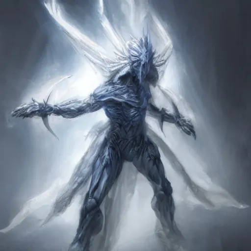 Image similar to a sketch of a humanoid glowing eyes white dragon, wearing a white wizard robe, by melmoth zdzislaw belsinki craig mullins yoji shinkawa, blue light, very realistic render, anime, paint smears digital art, realistic anime, dramatic lighting, blue light, dark blue highlights, d & d design, holding a sword made out of light