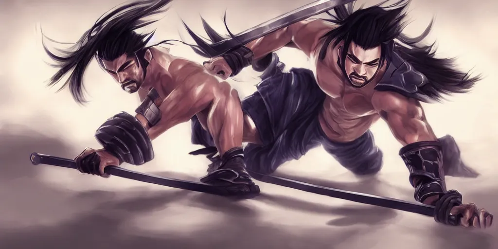 Prompt: Yasuo from League of Legends doing sit-ups, photorealistic, highly detailed, exercise