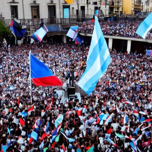 Image similar to Lady Gaga as president, Argentina presidential rally, Argentine flags behind, bokeh, giving a speech, detailed face, Argentina