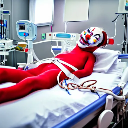 Prompt: laughing clown lying in hospital bed with wrist restraints on, restraint fabric straps attached to hospital bed, photograph, 8 k