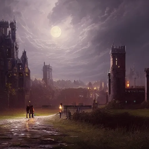 Image similar to a victorian setting, dramatic light, castle background, clouds, moon, storm, night, high detail, fantasy background, painted by greg rutkowski, digital art, trending on artstation