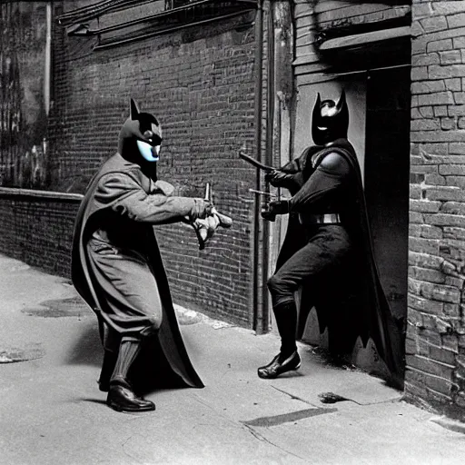 Image similar to old black and white photo, 1 9 2 5, depicting batman fighting a gangster in an alley of new york city, tommy gun, rule of thirds, historical record