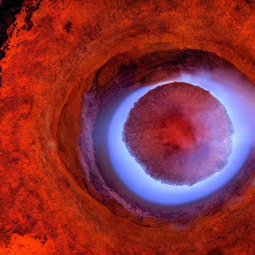 Prompt: an indoor planetoid with oceans of sulfur and red geysers. award - winning photography.