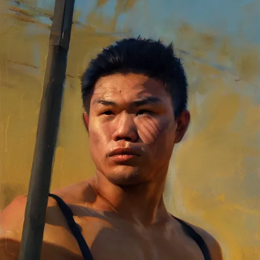 Prompt: greg manchess side portrait of a filipino mma fighter sitting on a tank, organic painting, sunny day, matte painting, bold shapes, hard edges, street art, trending on artstation, by huang guangjian, gil elvgren, ruan jia, randy vargas, greg rutkowski