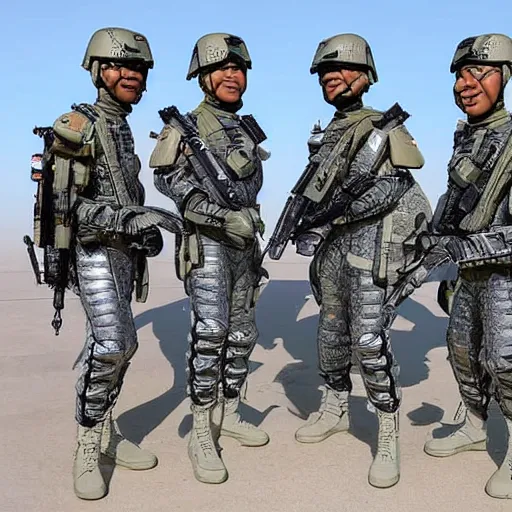 Image similar to a squad of futuristic soldiers posing for a group photo in a spaceship