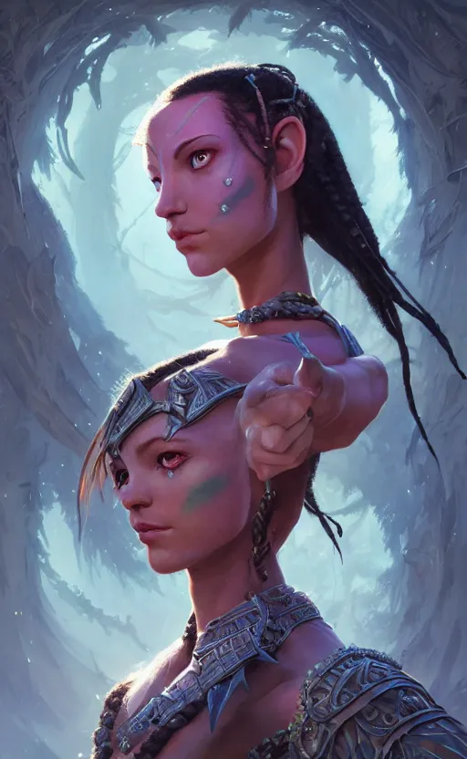 Image similar to highly detailed portrait of beautiful female warrior in avatar, dynamic pose, stephen bliss, unreal engine, fantasy art by greg rutkowski, loish, rhads, ferdinand knab, makoto shinkai and lois van baarle, ilya kuvshinov, rossdraws, tom bagshaw, global illumination, radiant light, detailed and intricate environment