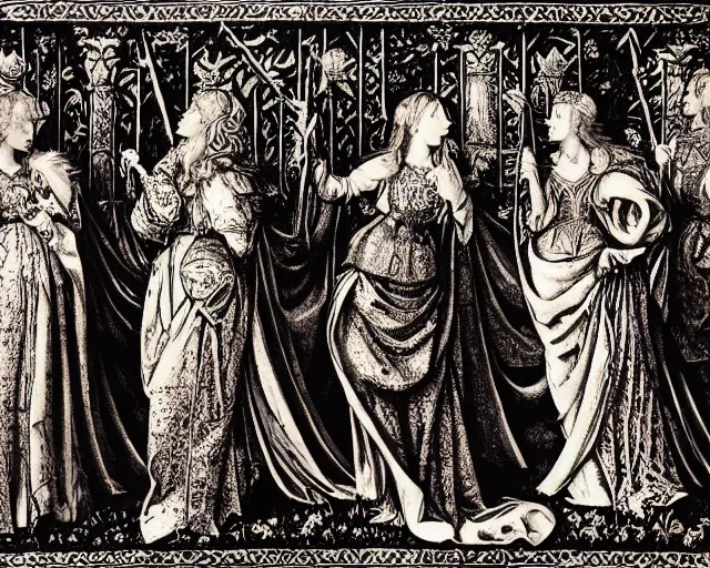 Prompt: lancelot and the four queens by william morris, monochrome,