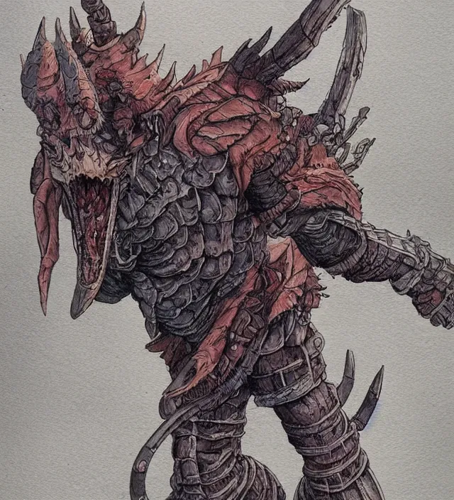 Image similar to a 3 / 4 view watercolor ink painting of human / deathclaw hybrid as a raider / bandit in the style of jean giraud in the style of moebius trending on artstation deviantart pinterest detailed realistic hd 8 k high resolution