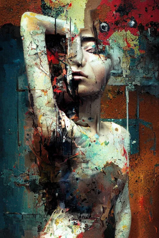 Image similar to a beautiful glitched painting by robert proch of a woman in a glitched bathroom, metal rust and plaster materials, pixel sorting, color bleeding, brushstrokes by jeremy mann, still life, dark colors