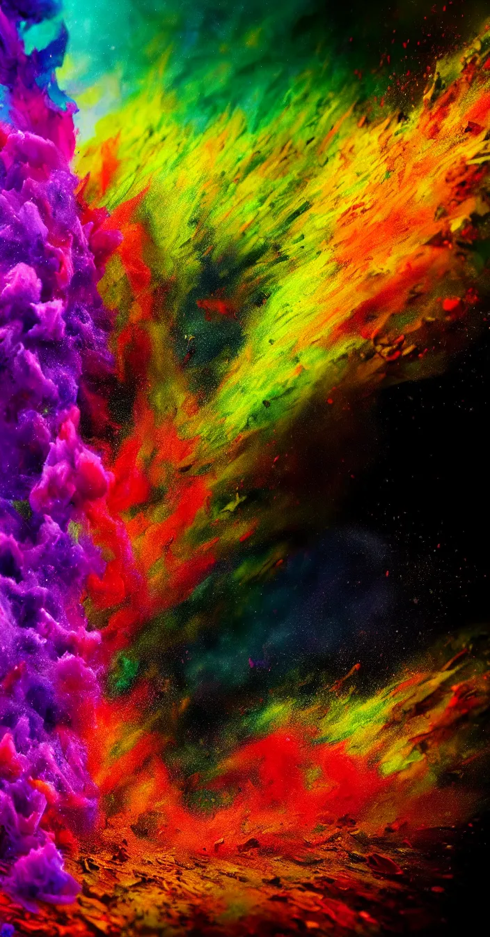 Prompt: realistic photo of colorful blast, high colored texture, dark smooth background, very sharp focus, in the style of greg rutswoski, very hyper realistic, highly detailed, fantasy art station