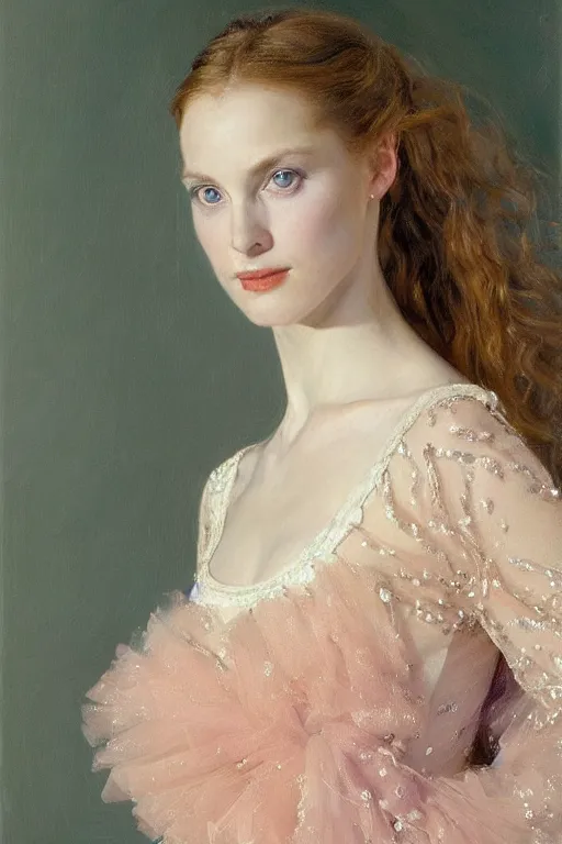 Image similar to portrait of a gorgeous graceful young irish prima ballerina, by donato giancola and berthold woltze.