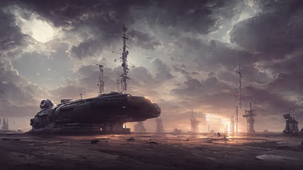 Image similar to worn spaceship docked at the glorious empire's largest orbital station. andreas achenbach, artgerm, mikko lagerstedt, zack snyder