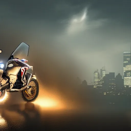 Prompt: honda africa twin at night view of new york in heavy mist, highly detailed, cinematic, hyperrealistic, artstation, concept art