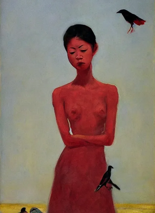 Image similar to a painting of gorgeous asian college girl standing on the knees with frozen cold stare, blood red background, transparent gray dresses, crows flying with red eyes trapped in the void as a symbol of death, in style of Edward Hopper, surrealism of Francis Bacon painting, John Singer Sargant, Chaim Soutine and Frank Auerbach, American Gothic, 8k, ultradetailed