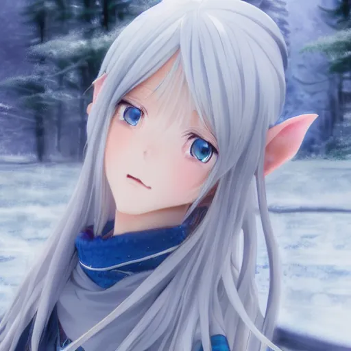 Image similar to a very beautiful anime elf girl, full body, long straight silver hair, sky blue eyes pointy ears, full round face, short smile, casual clothes, ice snowy lake setting, cinematic lightning, medium shot, mid-shot, highly detailed, trending on Artstation, Unreal Engine 4k, cinematic wallpaper by Stanley Artgerm Lau, WLOP, Rossdraws, James Jean, Andrei Riabovitchev, Marc Simonetti, and Sakimichan