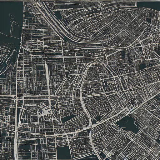 Image similar to a flat map of the city with the main road in the middle and a river ， wenjun lin, jung gi kim, artstation