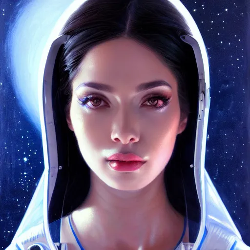 Image similar to a portrait of a very beautiful woman in a spacesuit, Alexandria\'s genesis, shoulder-length black hair, bored, illustration, soft lighting, soft details, painting oil on canvas by mark arian by artgerm, trending on artstation, 4k, 8k, HD