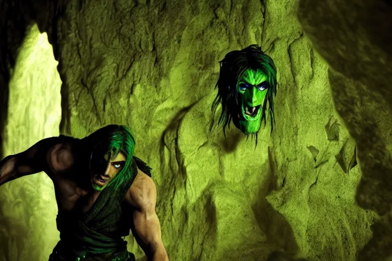 Image similar to vfx film, soul reaver, raziel irl, price of persia movie, missing jaw, hero pose, devouring magic souls, glowing green soul blade, in epic ancient sacred huge cave temple, flat color profile low - key lighting award winning photography arri alexa cinematography, hyper real photorealistic cinematic beautiful, atmospheric cool colorgrade