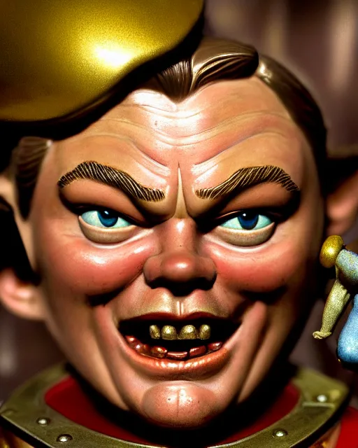 Image similar to highly detailed closeup, face profile portrait of a tin toy leonardo dicaprio as a medieval goblin eating cakes in a castle, hyper realistic, artstation, illustration, nicoletta ceccoli, mark ryden, lostfish, dan decarlo, bob clampett, max fleischer, digital paint, matte paint, vivid colors, detailed and intricate environment