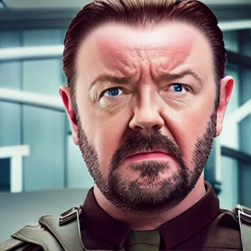 Image similar to a film still of ricky gervais as captain america