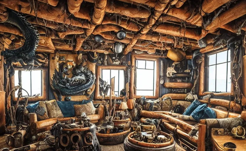 Prompt: pirate captain living room interior in the middle of a stormy ocean, with a witch cauldron and bottles of potions and ingredients in jars, sunny, natural materials, rustic wood, window sill with plants, vines on the walls, dried herbs under the ceiling bookshelves, design. A giant dragon looking through the window. Fire. Gigantic dragon eye. Mordor