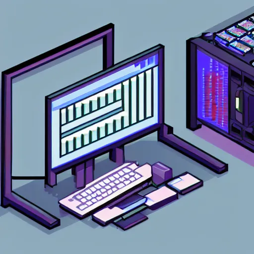 Image similar to pixel art of programmer in front of his computer station, pixel art, detailed, ideal symmetry, perfect pixel alignment, isometric 8 k,