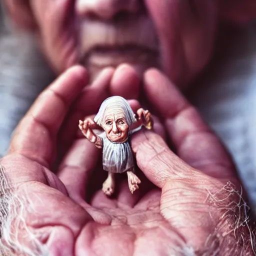 Image similar to miniature ancient old woman in palm of giant hand, short dof, macro photo, tiltshift, cutest, large head, tiny body, hyper realistic, minutely detailed, 8 k