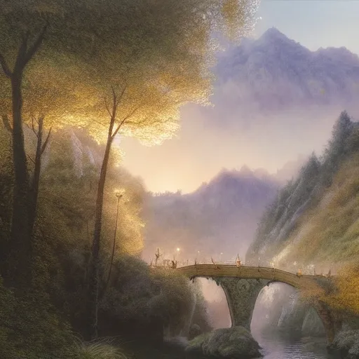 Image similar to Rivendell in the evening, detailed matte painting, Alan Lee, Artstation