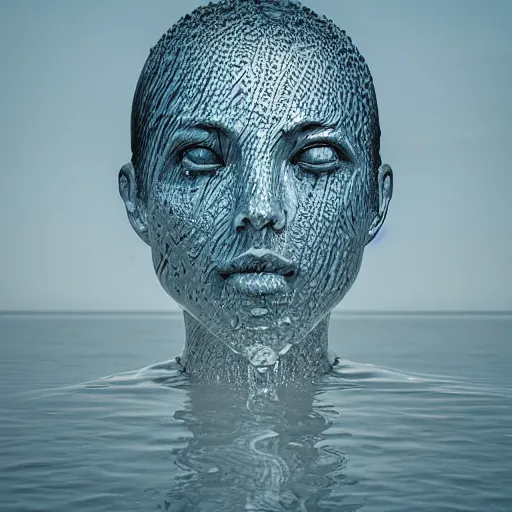 Prompt: a water sculpture in the shape of a human head, on the ocean water, water manipulation photoshop, behance, ray tracing, cinematic, in the style of johnson tsang, long shot, hyper detailed, hyper realistic, 8 k resolution, sharp focus, realistic water, award winning