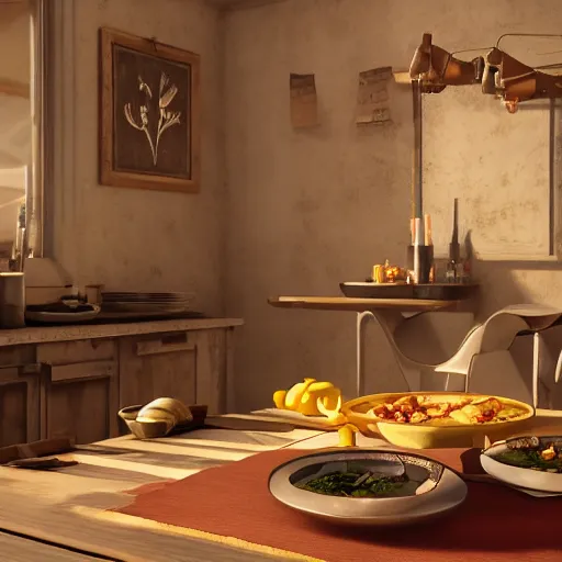 Image similar to what's for dinner? unreal 5, daz, hyperrealistic, octane render cinematic volume inner glowing aura global illumination ray tracing hdr