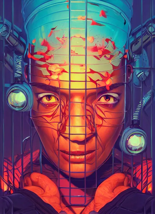 Image similar to burning police officer in sci fi prison, tristan eaton, victo ngai, artgerm, rhads, ross draws