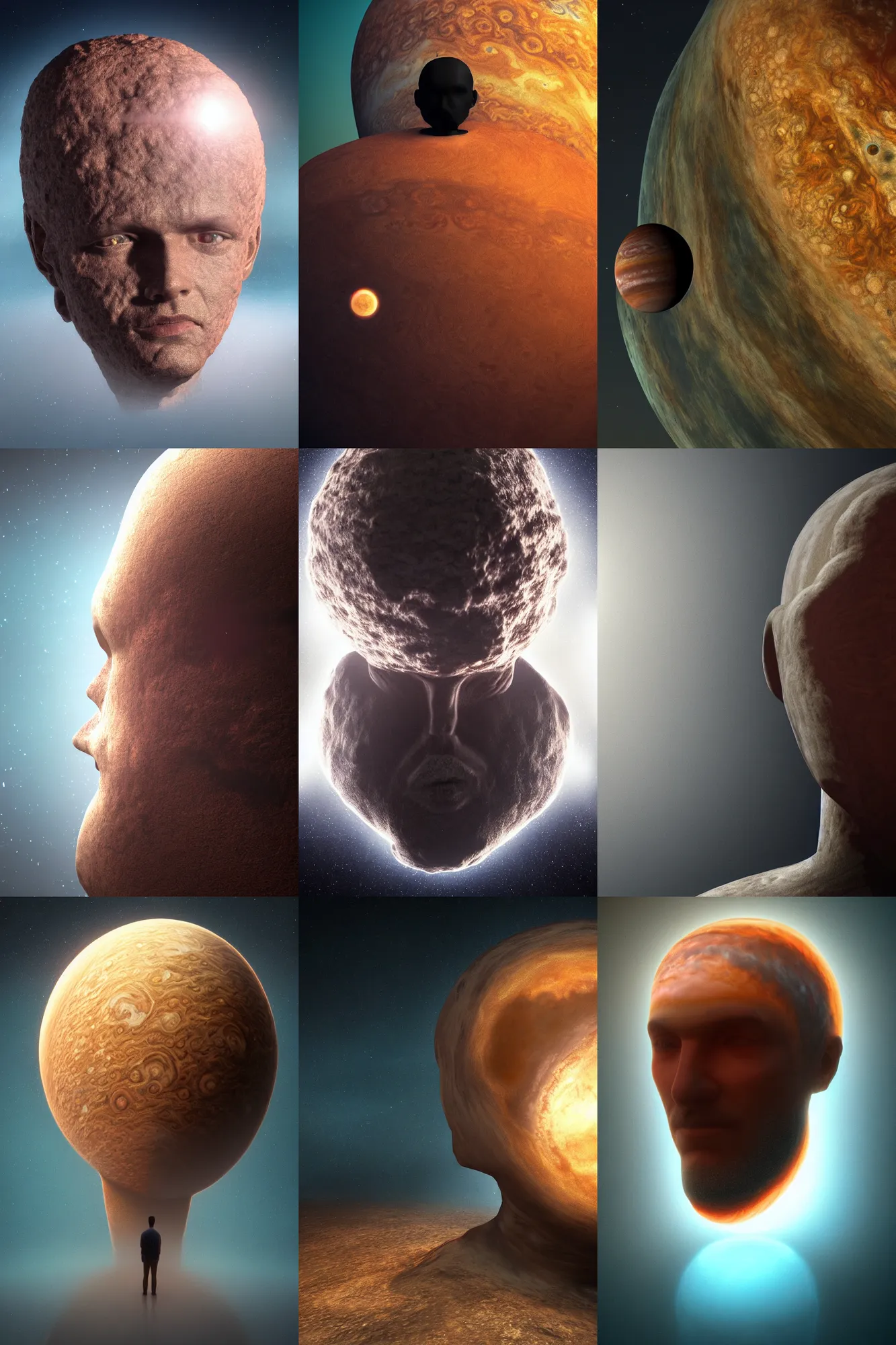 Prompt: A man with a head made of planet Jupiter, backlight, volumetric lighting, detailed, trending on artstation